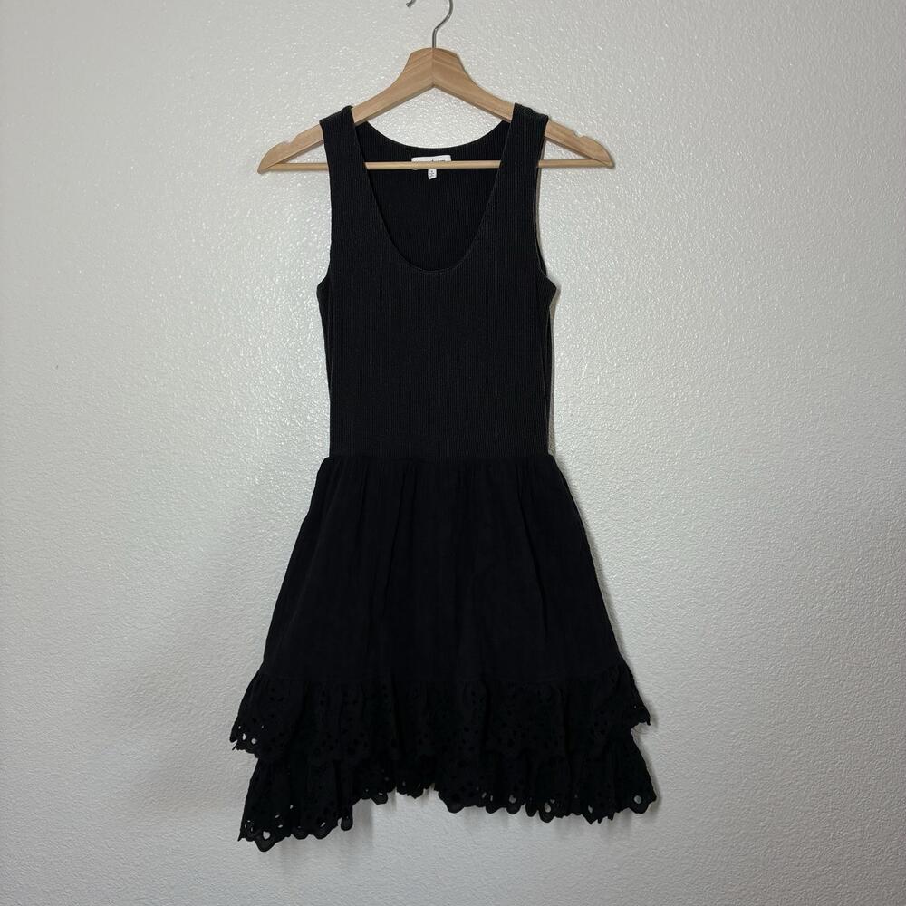 Heartloom Dress Womens Small Black Knit Tank Eyelet Ruffle Hem Fit & Flare Mini